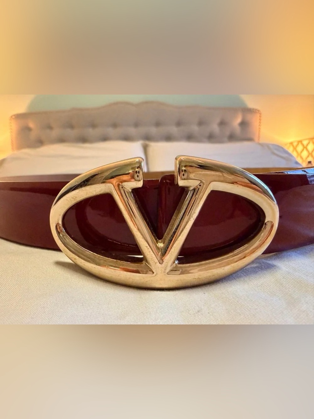 Valentino Gold V-Logo Belt with Burgundy Lacquer Inlay